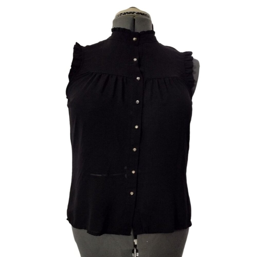 Women's Small Lily Star Black Button Up Sheer Blouse with Ruffles